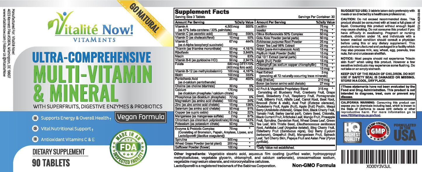 Vitalité Now! Vegan Whole Food Multivitamin & Mineral Tablet, 90 Tablets
