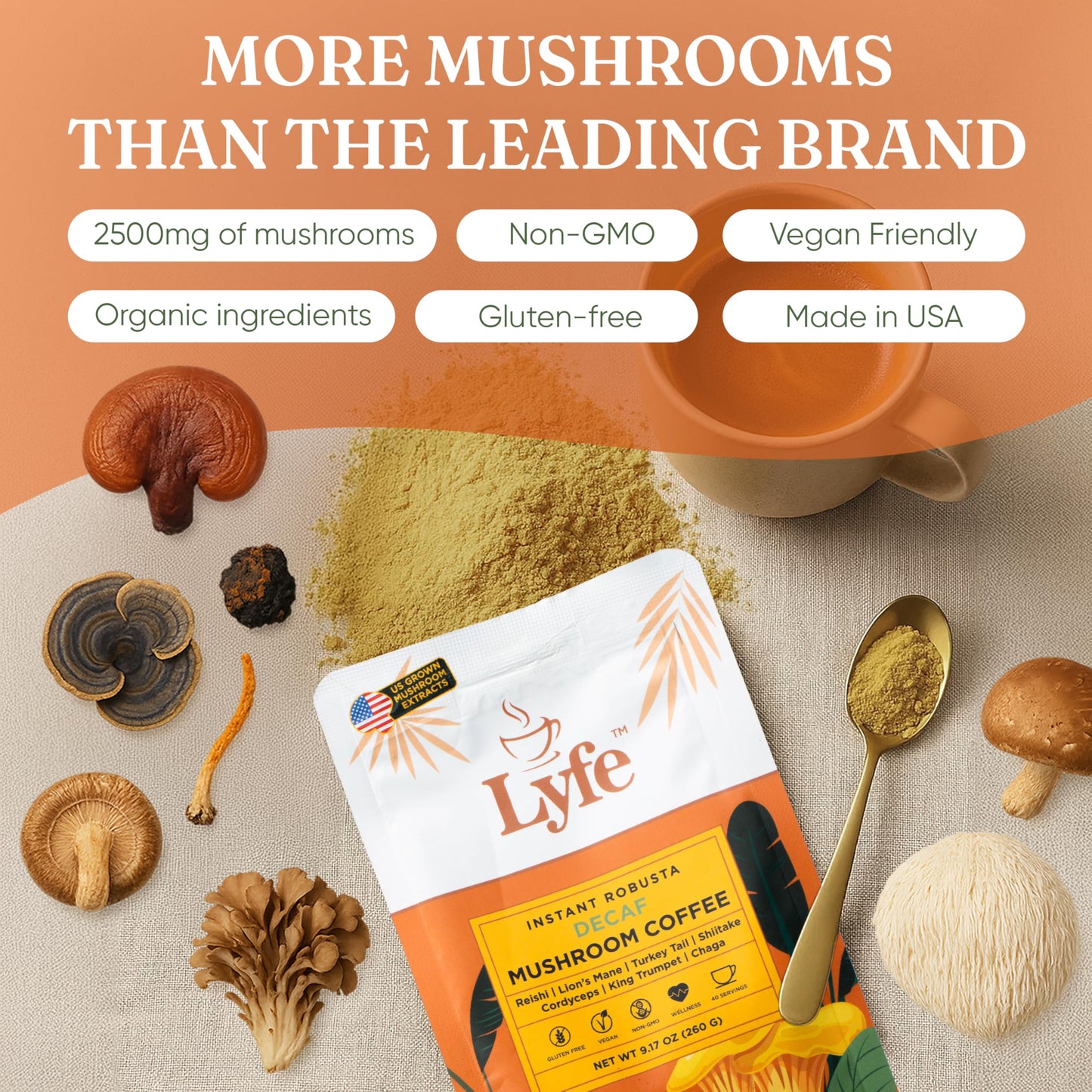 LYFE Organic Instant Decaf Mushroom Coffee Powder 9.17 oz