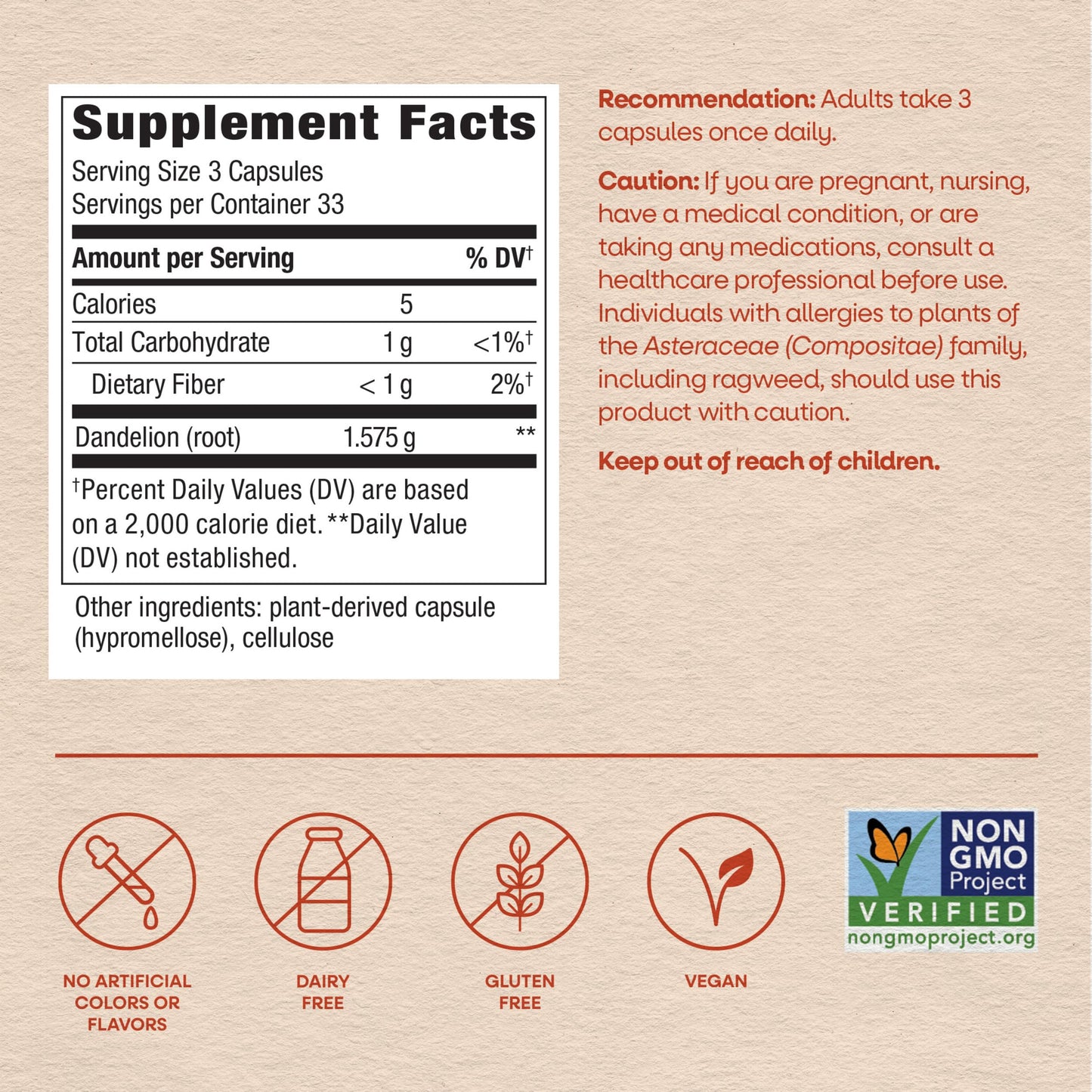 Nature's Way Dandelion Root Capsules 1,575 mg per 3-Capsule Serving, 100 Capsules