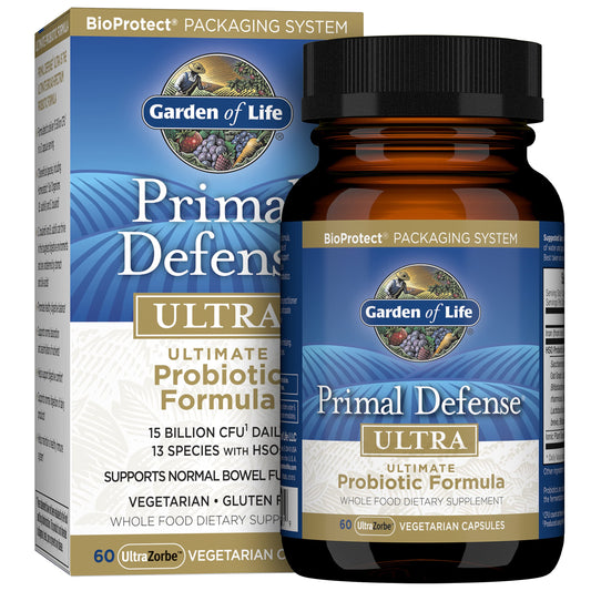 Garden of Life Probiotics for Digestive Health and Gut Health Balance, Primal Defense Ultra Ultimate Formula, 15 Billion CFU and 13 Strains Plus HSOs, Vegetarian and Gluten Free, 60 Capsules