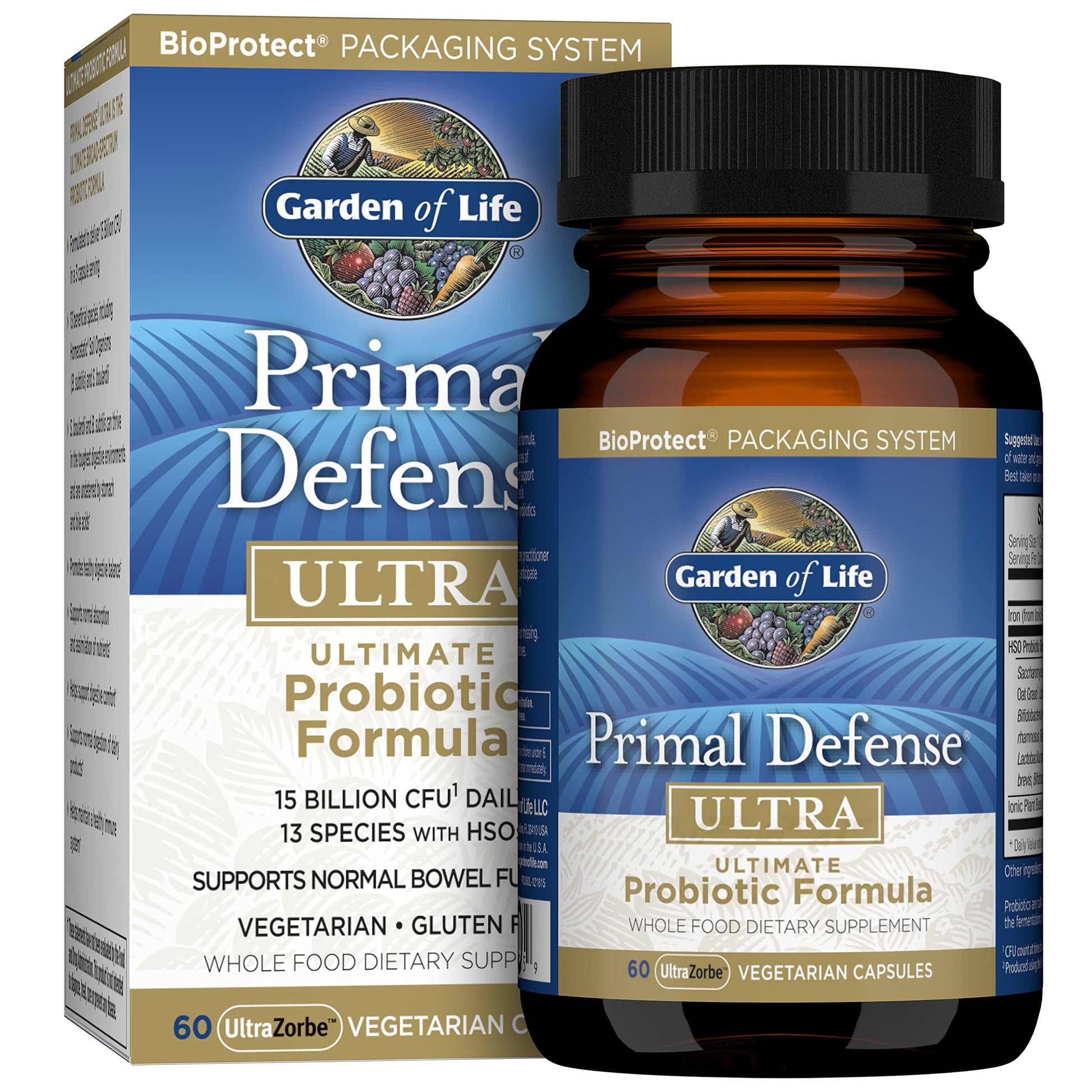 Garden of Life Probiotics for Digestive Health and Gut Health Balance, Primal Defense Ultra Ultimate Formula, 15 Billion CFU and 13 Strains Plus HSOs, 60 Capsules