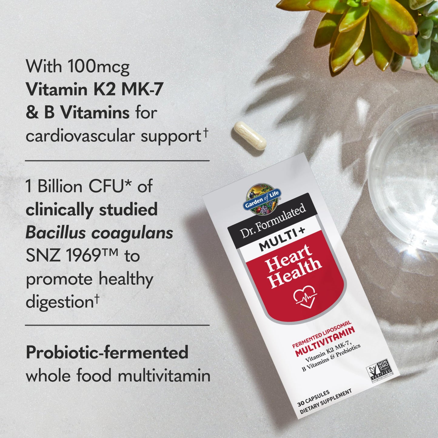 Garden of Life Dr. Formulated Multi+ Heart Health Capsule with Vitamin K2, B Vitamins & Probiotics, 30 Capsules