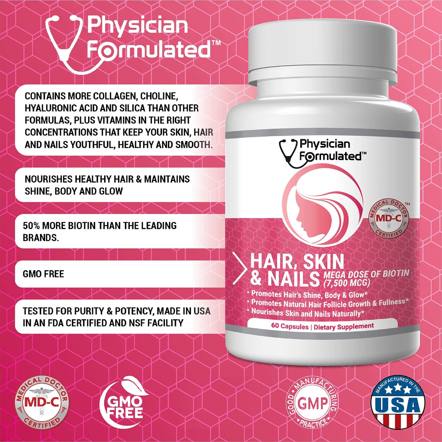 Physician Formulated Healthy Hair Skin and Nails Vitamins for Men and Women - 7500 mcg Biotin, Amino Acids, Collagen and Hyaluronic Acid, 60 Capsules