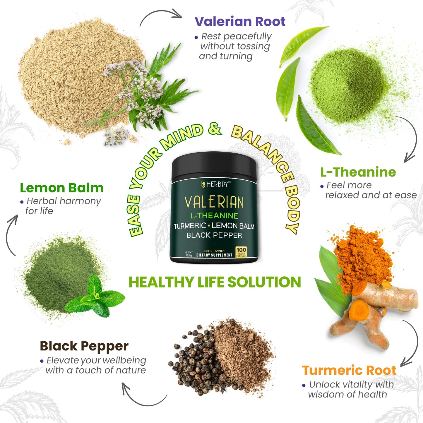 Herbpy 5in1 Valerian Root Capsules with L-Theanine, Lemon Balm, Turmeric & Black Pepper, 100 Count