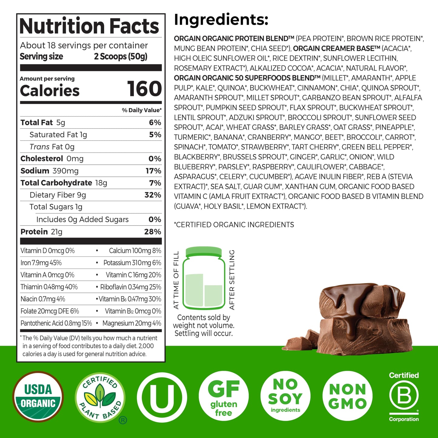 Orgain Organic Vegan Protein + 50 Superfoods Powder, Creamy Chocolate Fudge, 2.02 lb