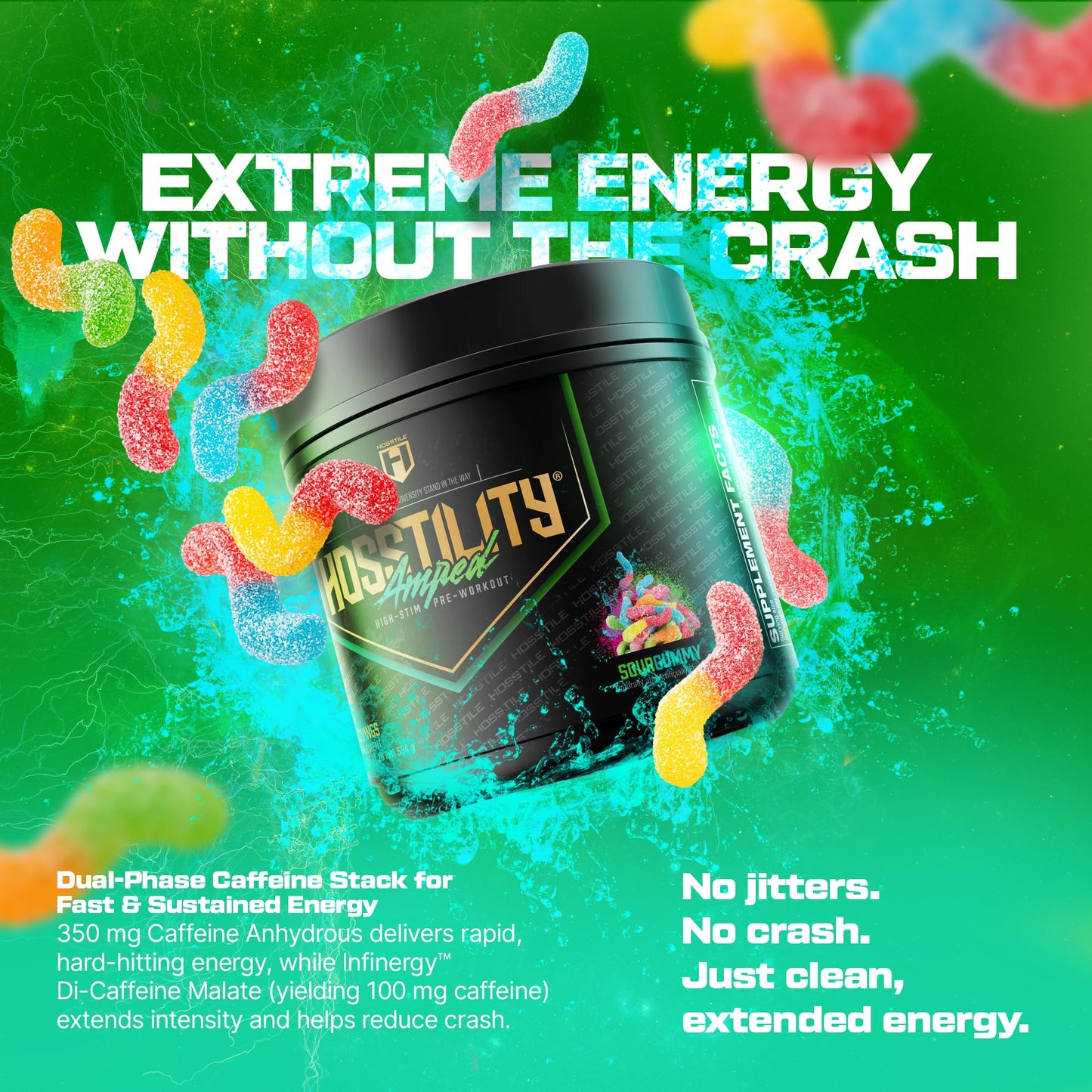 HOSSTILE Hosstility Amped High Stim Pre-Workout Powder, Sour Gummy, 40 Servings