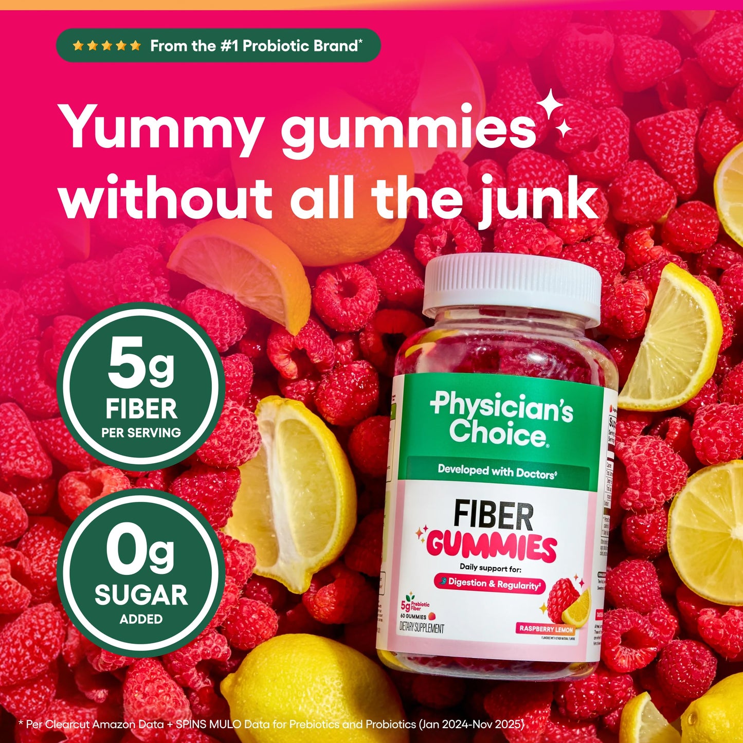 Physician's CHOICE Fiber Gummies for GLP-1 Support - No Sugar Added & Vegan - Raspberry Lemon - Natural Chicory Root Prebiotic Fiber - Digestive Health & Regularity for Women & Men - 60 Gummies