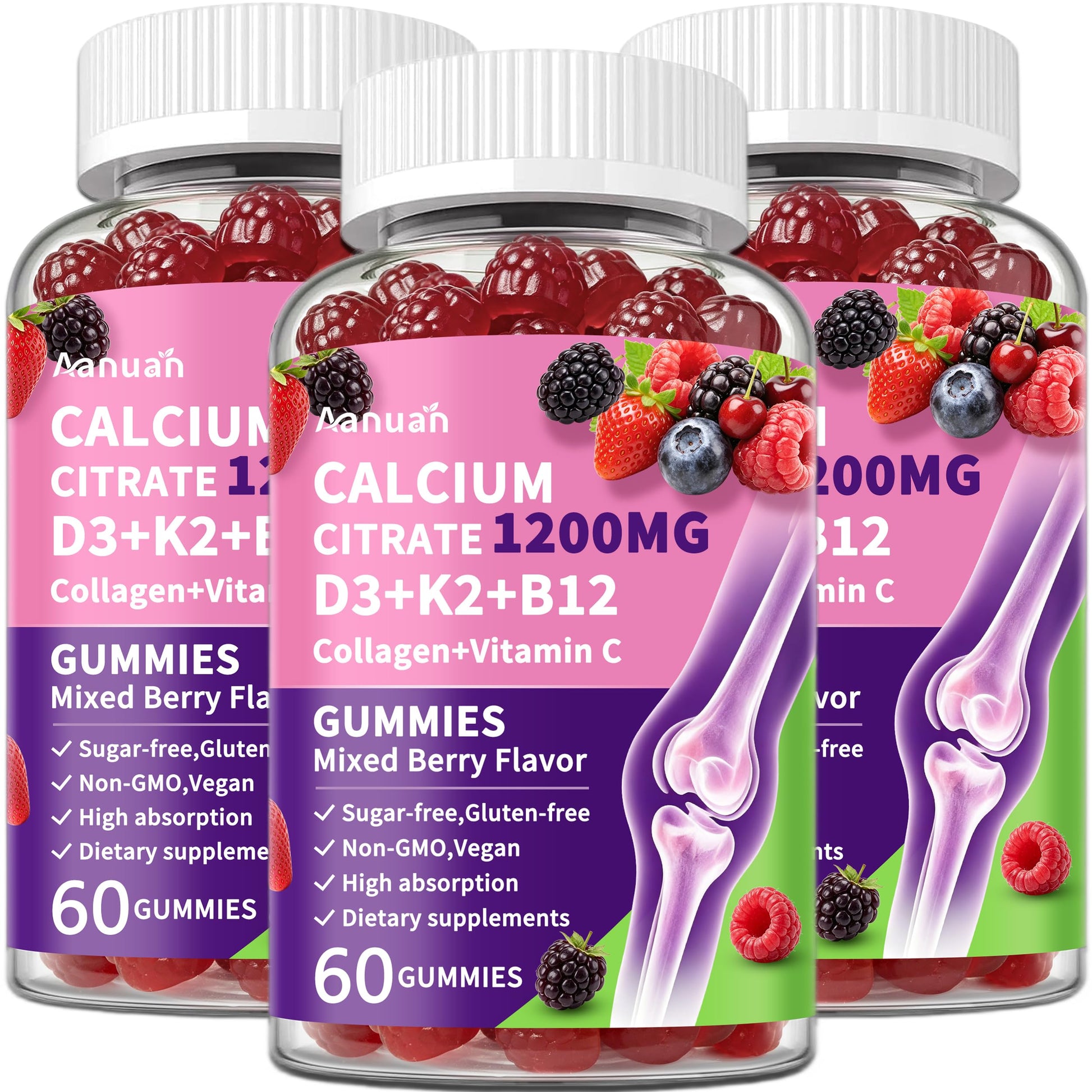 Aanuan Calcium Citrate 1200 mg Gummies with Collagen, Vitamin C D3 K2 B12, 180 Gummies