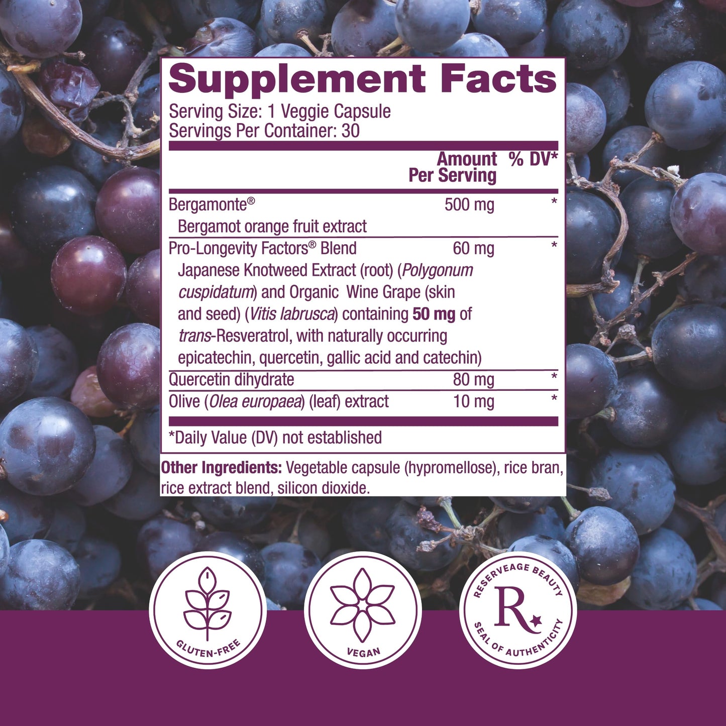 Reserveage Nutrition Beauty Bergamot Cholesterol Support with Resveratrol Capsules 30