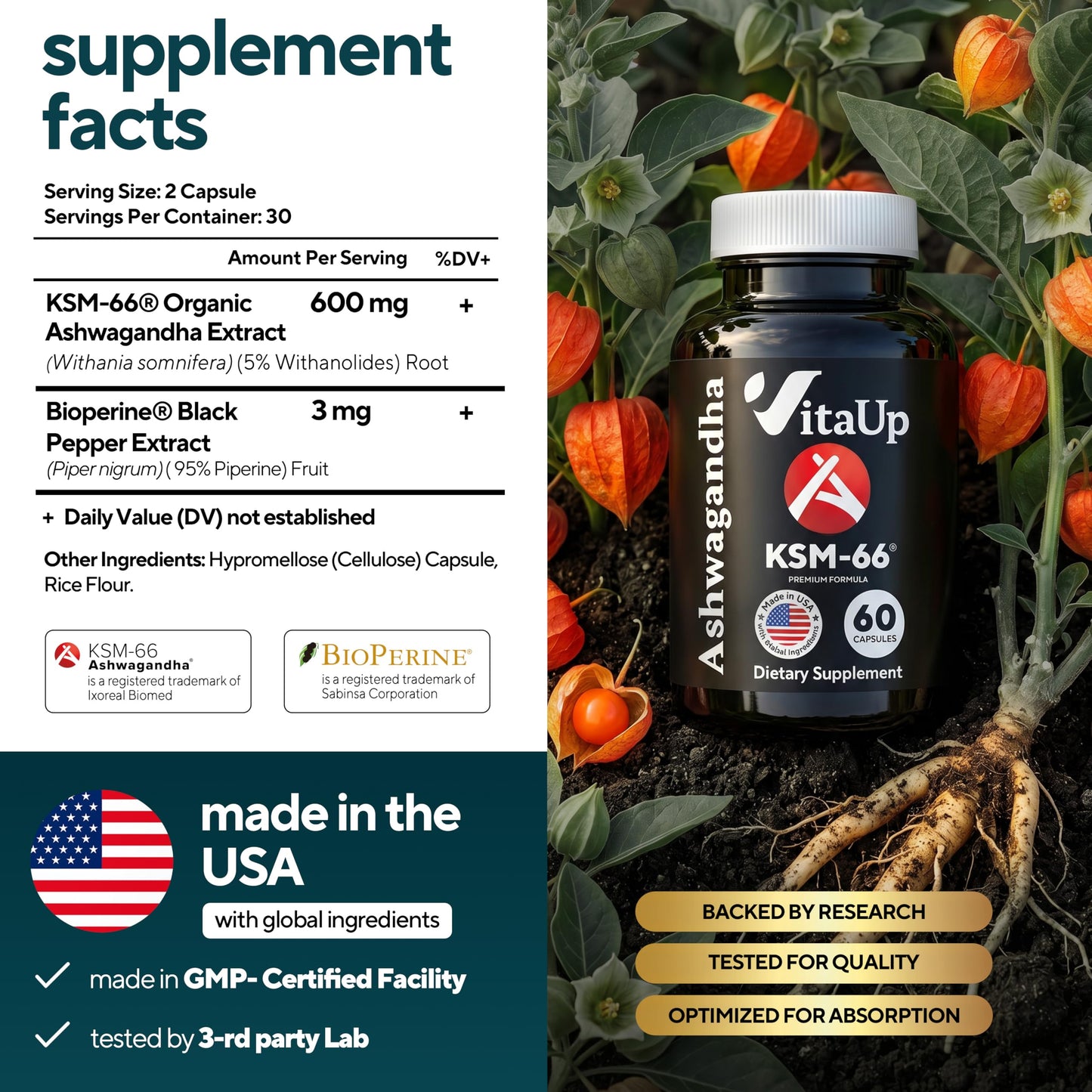 VitaUp Ashwagandha KSM 66 with Black Pepper Capsule, 60 Capsules