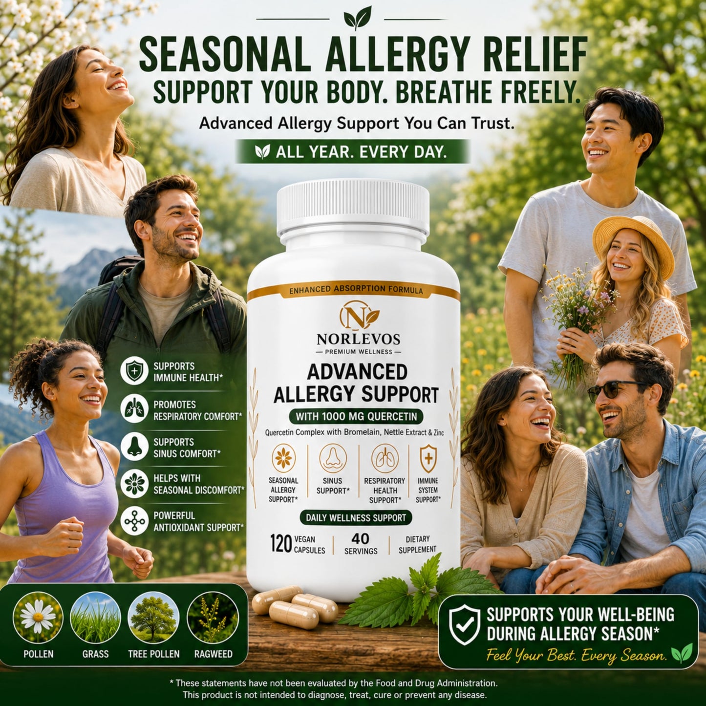 Norlevos Quercetin Complex 1000 mg with Bromelain, Stinging Nettle, Vitamin C & Zinc – Sinus, Immune & Respiratory Support, Non-GMO, Natural Antioxidant, 120 Vegan Capsules
