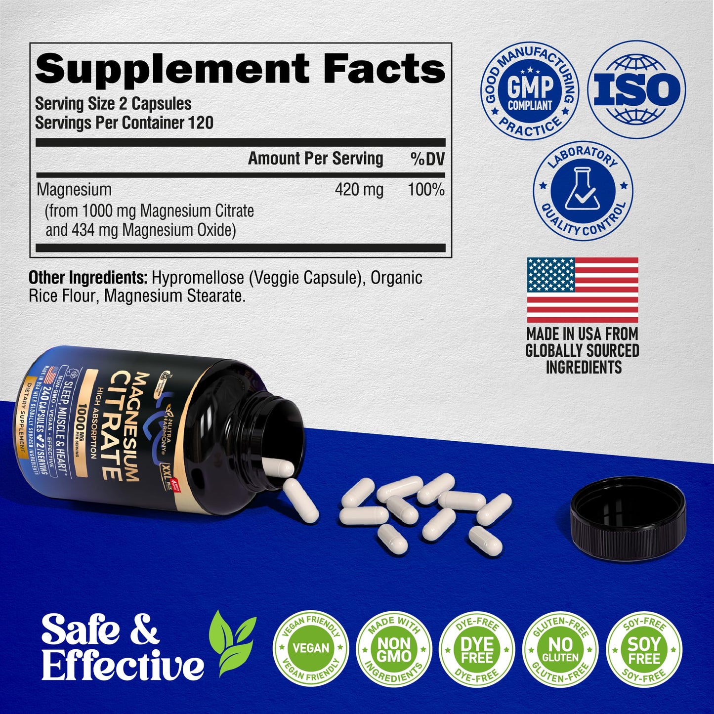 NUTRAHARMONY Magnesium Citrate 1000mg Capsules, 240 Capsules