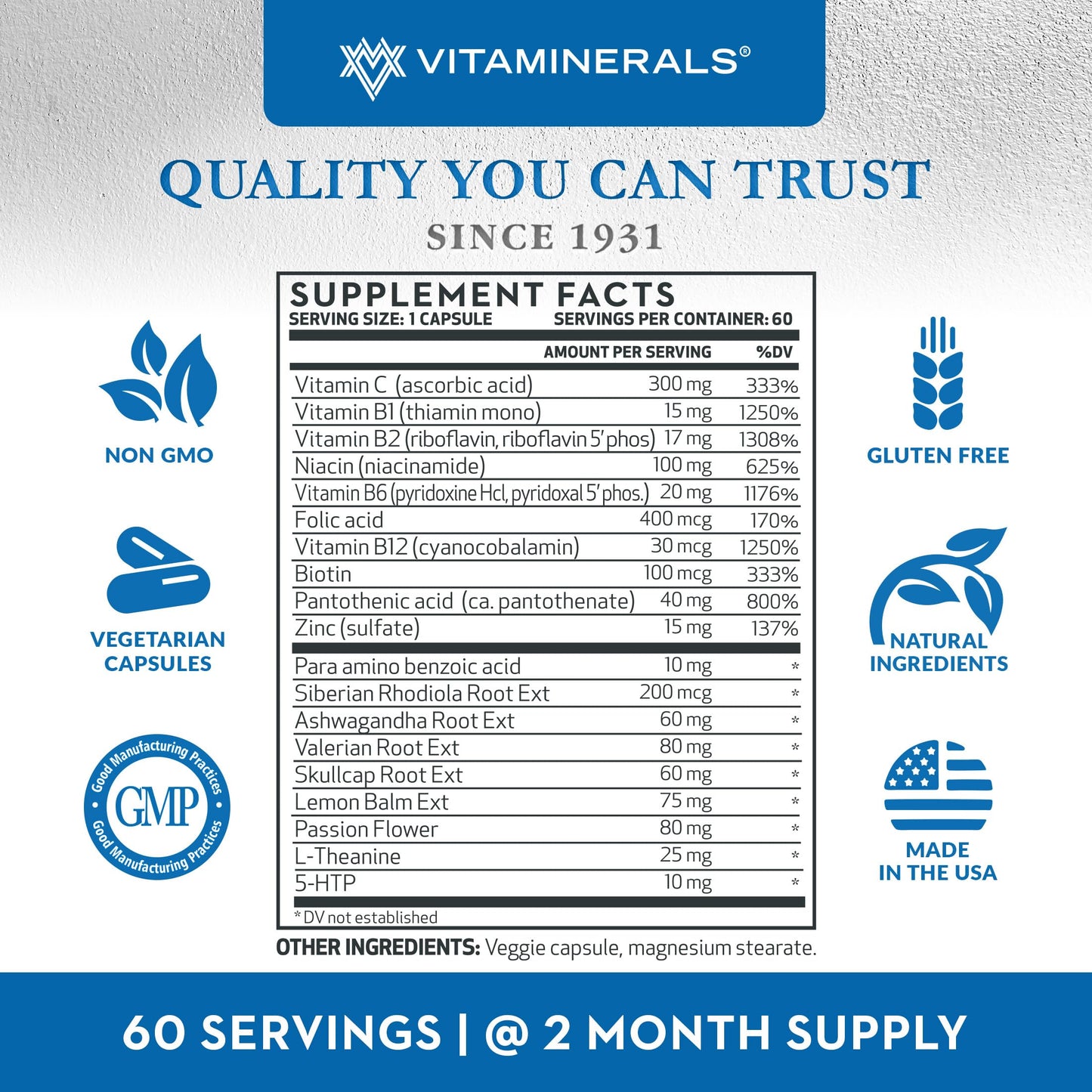 Vitaminerals 39 Stress Complex Adrenal Support Capsules 60