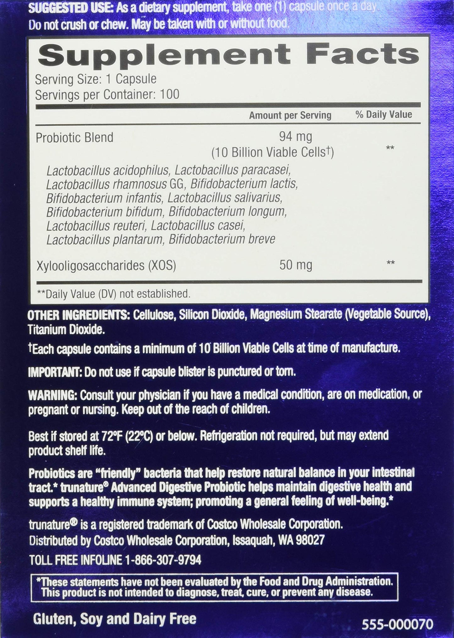 TruNature Advanced Digestive Probiotic Capsules 100 Count