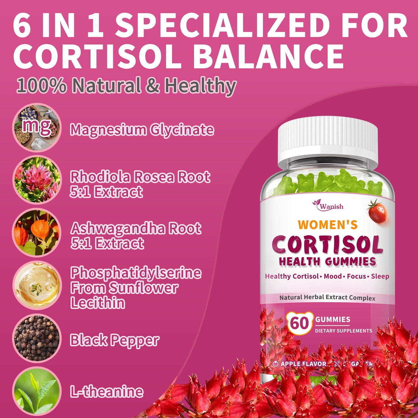 Wanish Cortisol Manager for Adrenal Support, 180 Gummies
