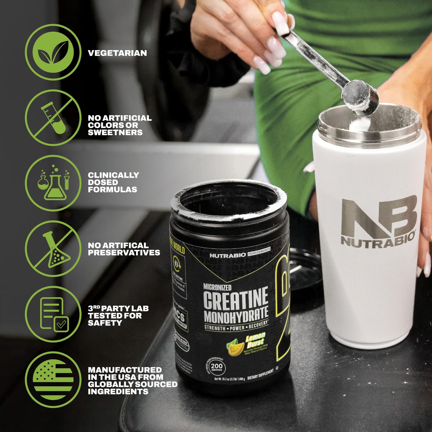 NutraBio Pure Micronized Creatine Monohydrate Powder Lemon Burst, 300 g, 14.24