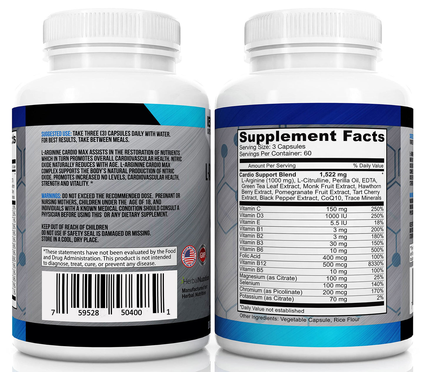Herbal Nutrition L-Arginine Cardio Complete Nitric Oxide Support Formula Capsule, 180 Capsules