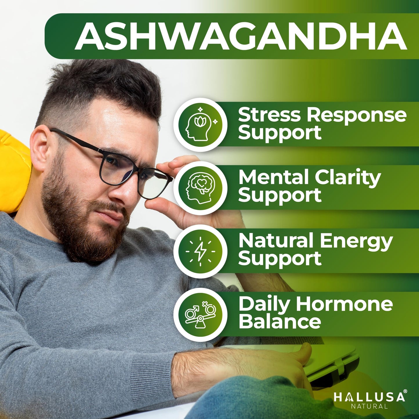 Hallusa Natural Organic Ashwagandha with Black Pepper 1050 mg, 60 Capsules