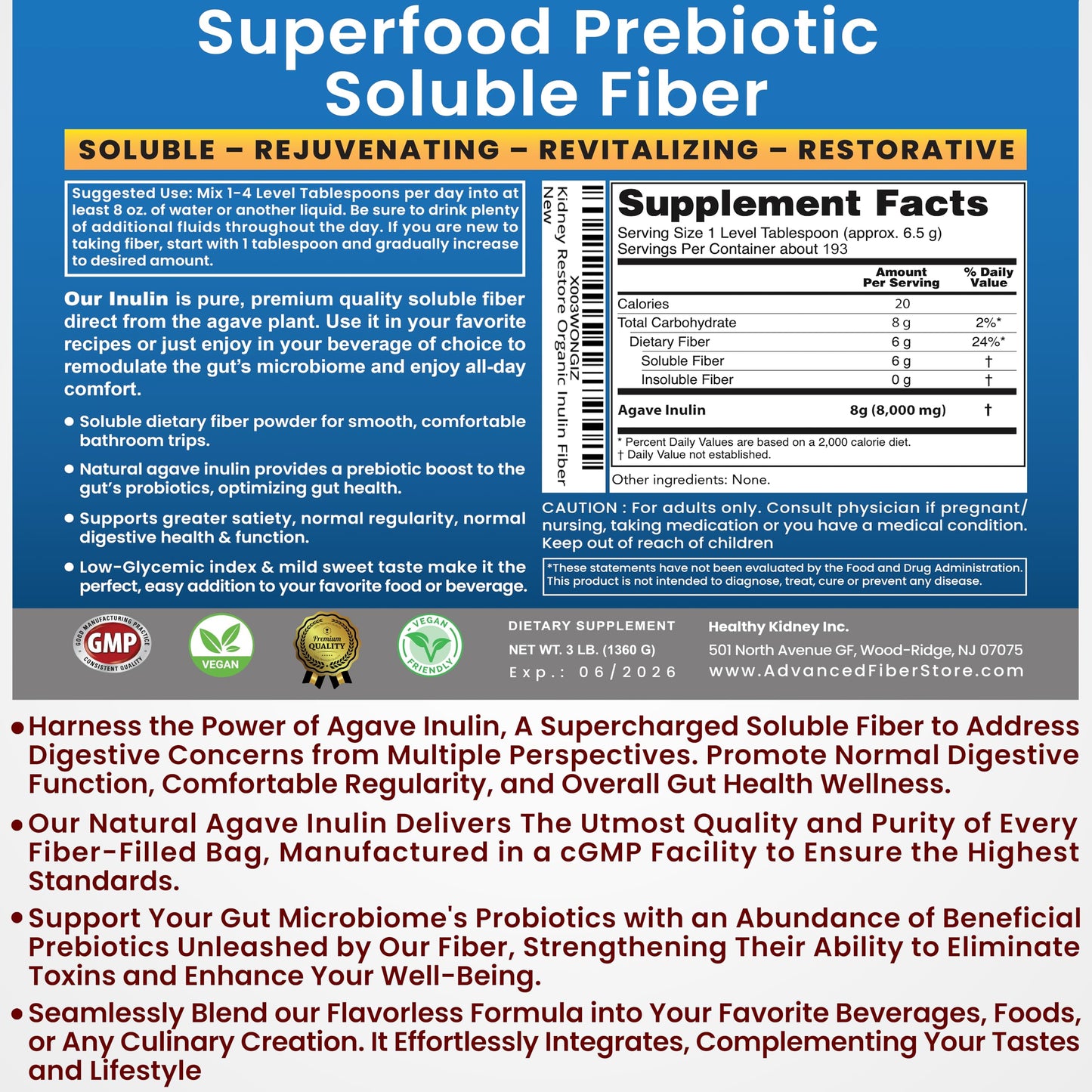 Kidney Restore Organic Inulin Powder, 16 oz, Prebiotic Soluble Fiber