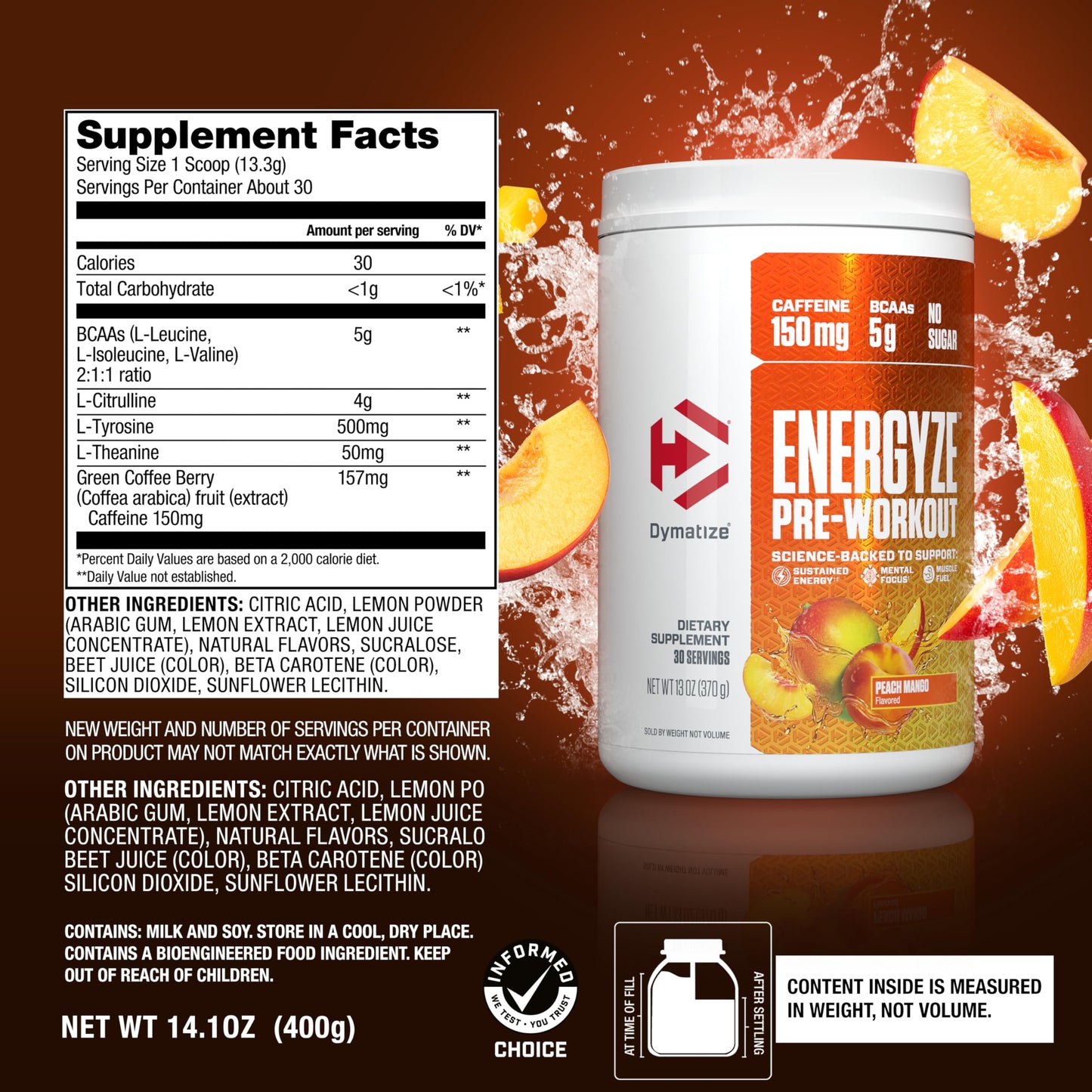 Dymatize Energyze Pre Workout Powder Peach Mango, 13 oz