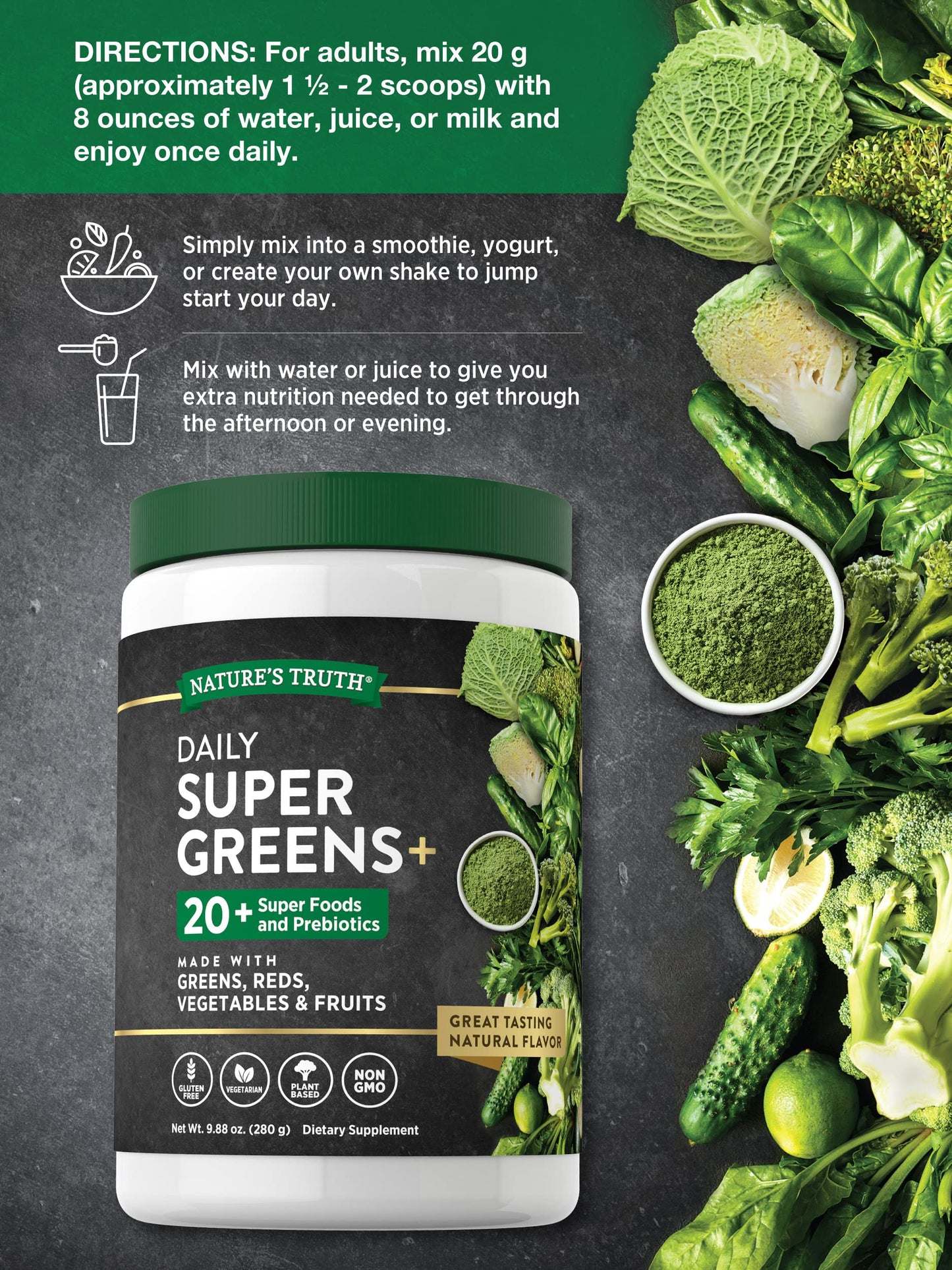 Nature's Truth Super Greens Superfood Powder Supplement, 9.88 oz