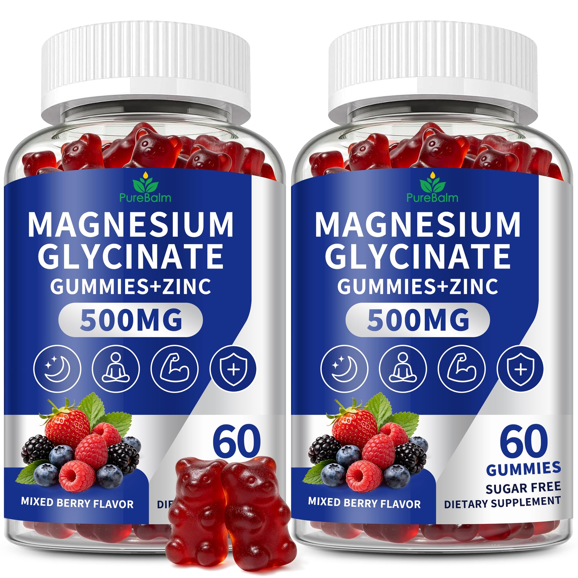 PureBalm Magnesium Glycinate Gummies 500mg with Zinc, 120 Gummies