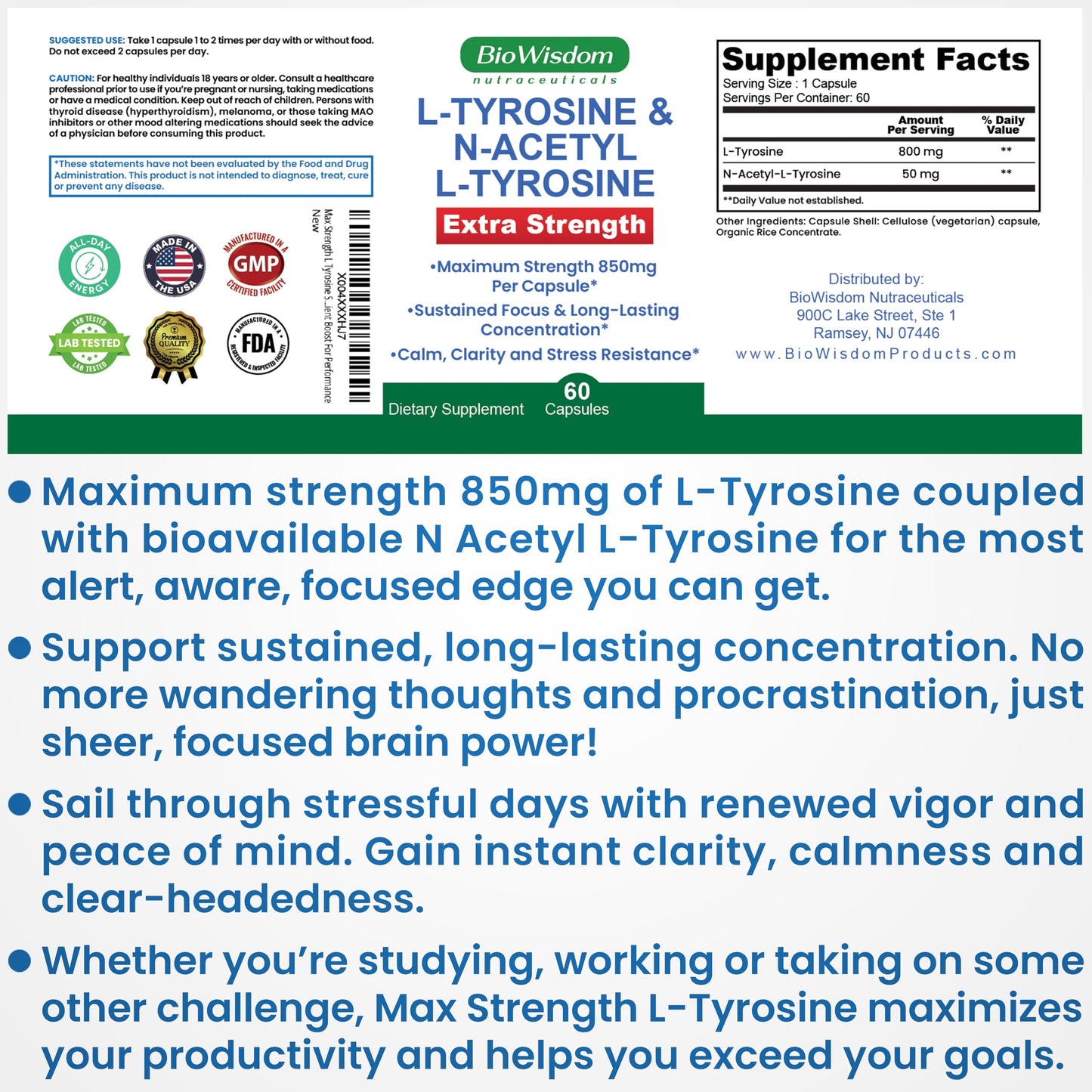 BioWisdom Nutraceuticals Max Strength L Tyrosine Supplement & N Acetyl L Tyrosine Peak Focus, Alertness, Concentration, Body & Mind Energy Capsule, 60 Count