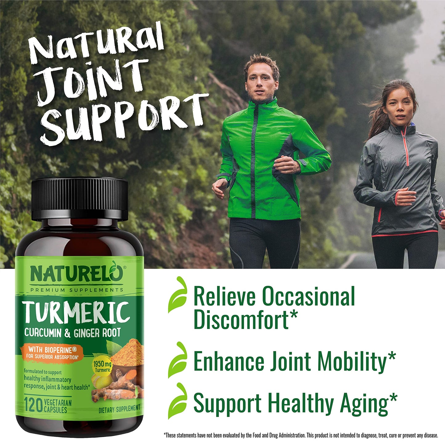 NATURELO Turmeric Curcumin, Plant Based Joint Support, Magnesium Glycinate, 200 mg Magnesium - Gluten Free, Non-GMO, 120 Capsules