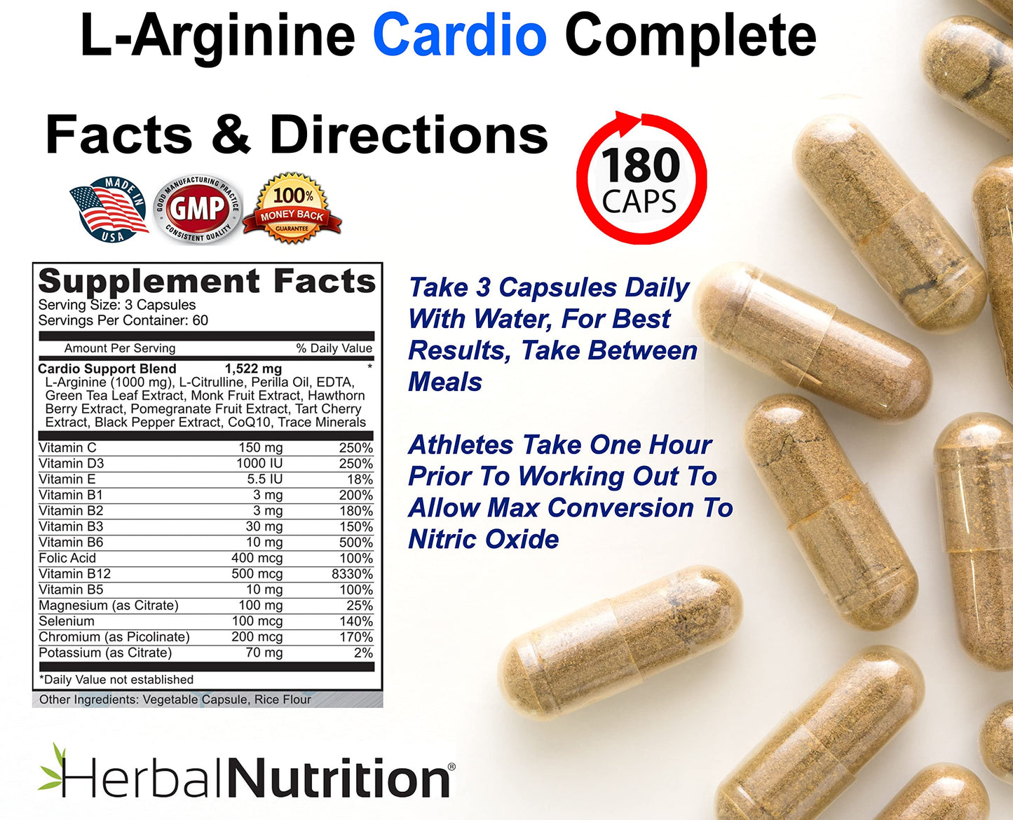 Herbal Nutrition L-Arginine Cardio Complete Nitric Oxide Support Formula Capsule, 180 Capsules