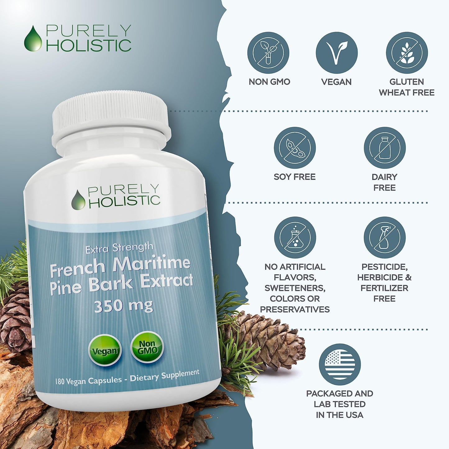 Purely Holistic French Maritime Pine Bark Extract Capsules, 180 Count
