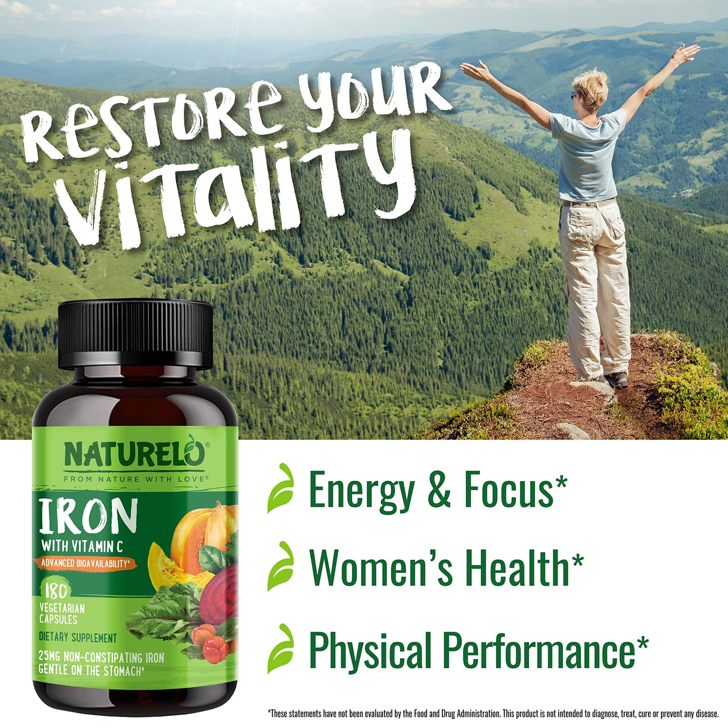 NATURELO Vegan Iron Supplement with Vitamin C and Organic Whole Foods - Capsules, 180 Count