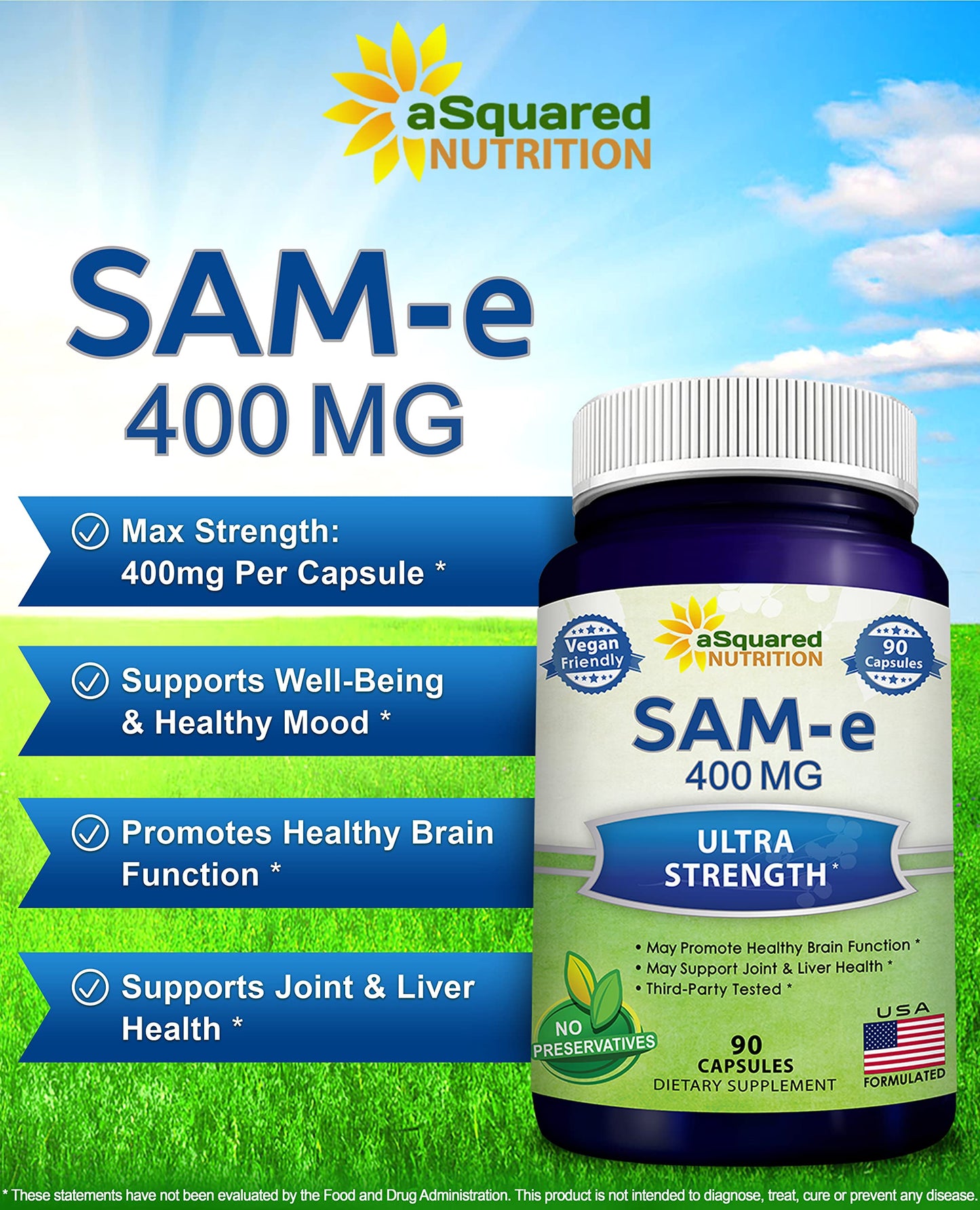 aSquared Nutrition SAM-e 400mg Supplement Capsules, 90 Count