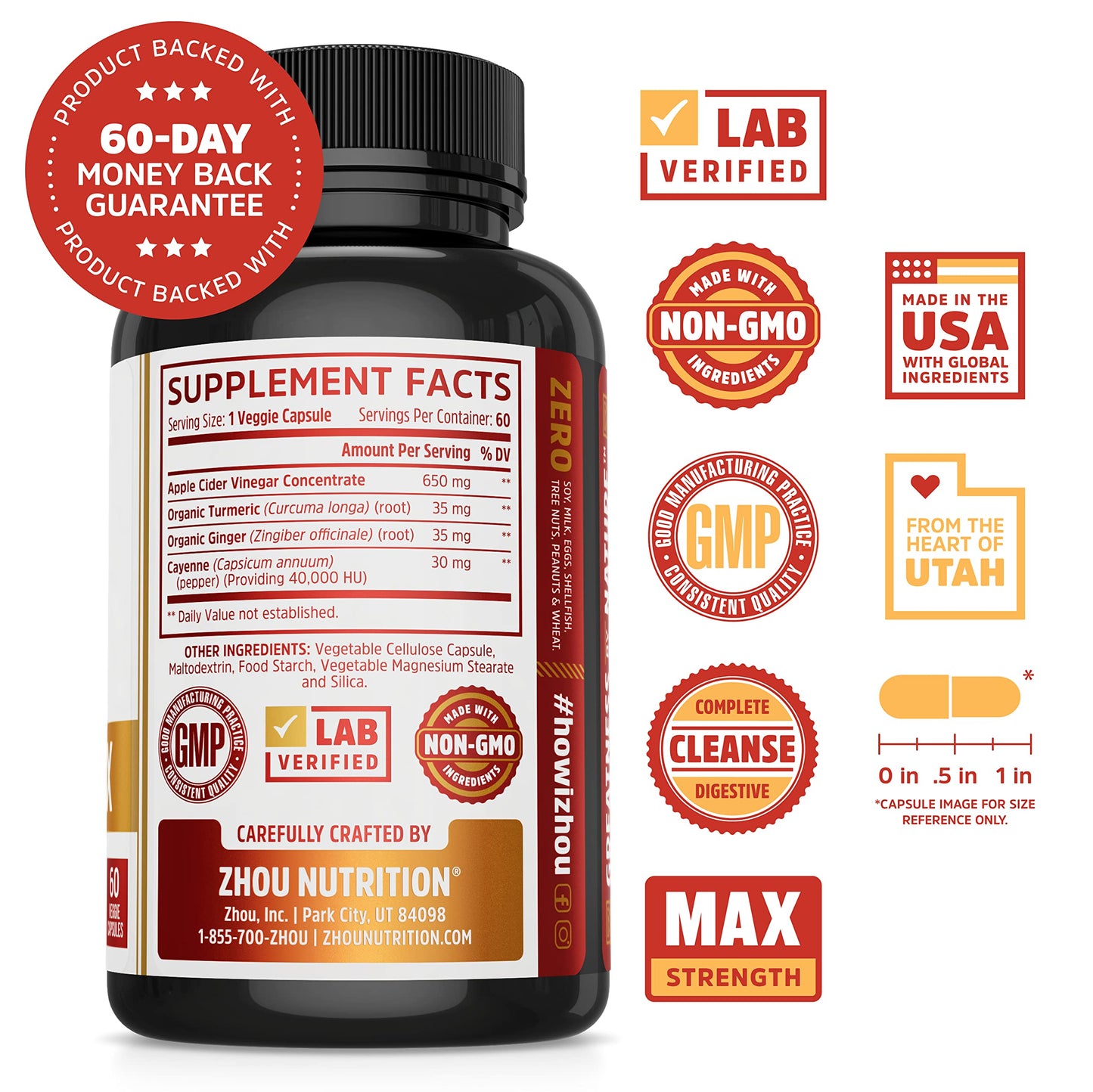 ZHOU Cider Digest Apple Cider Vinegar Capsules with Mother, 60 Capsules