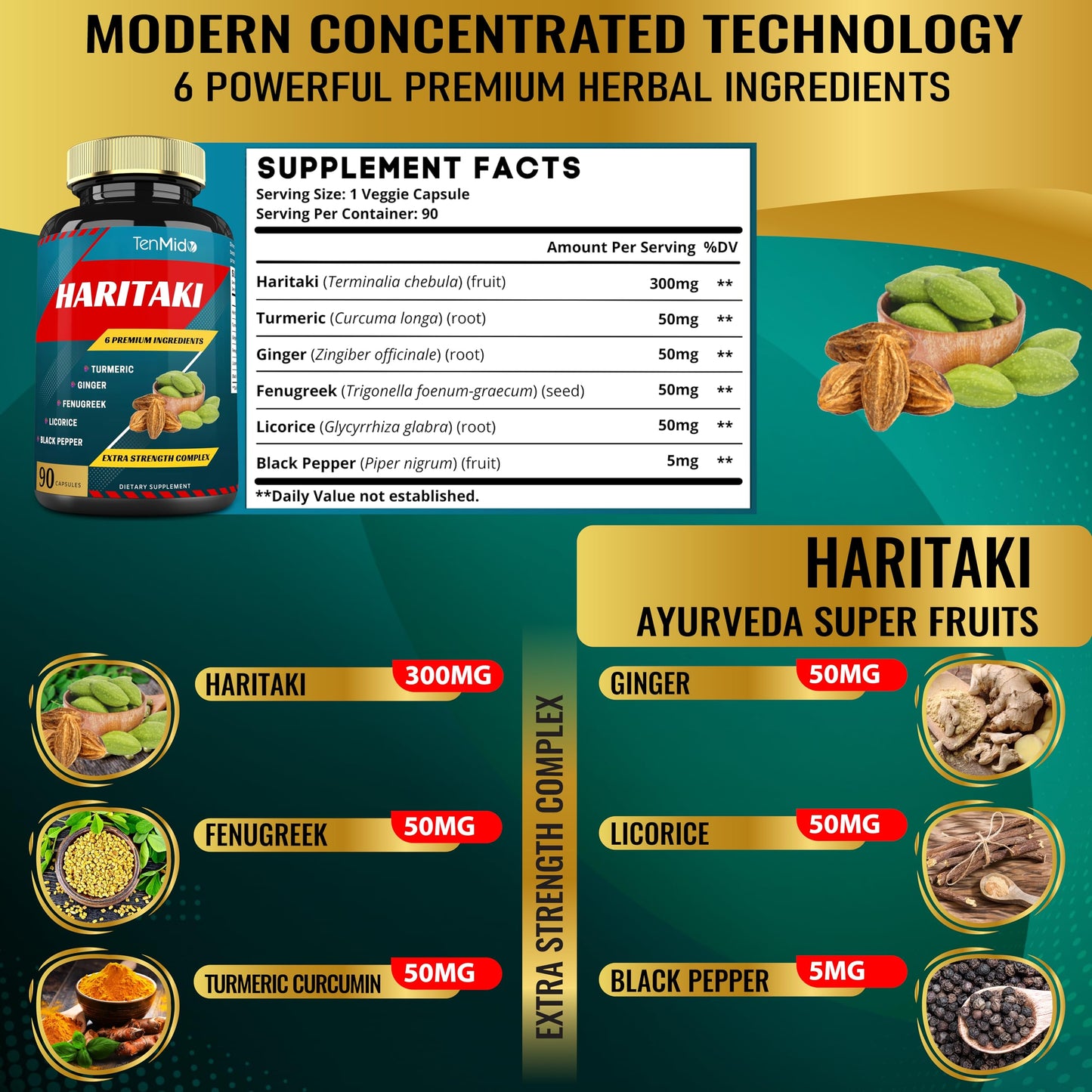 Tenmido Haritaki Supplements Extract Capsules, 90 Count