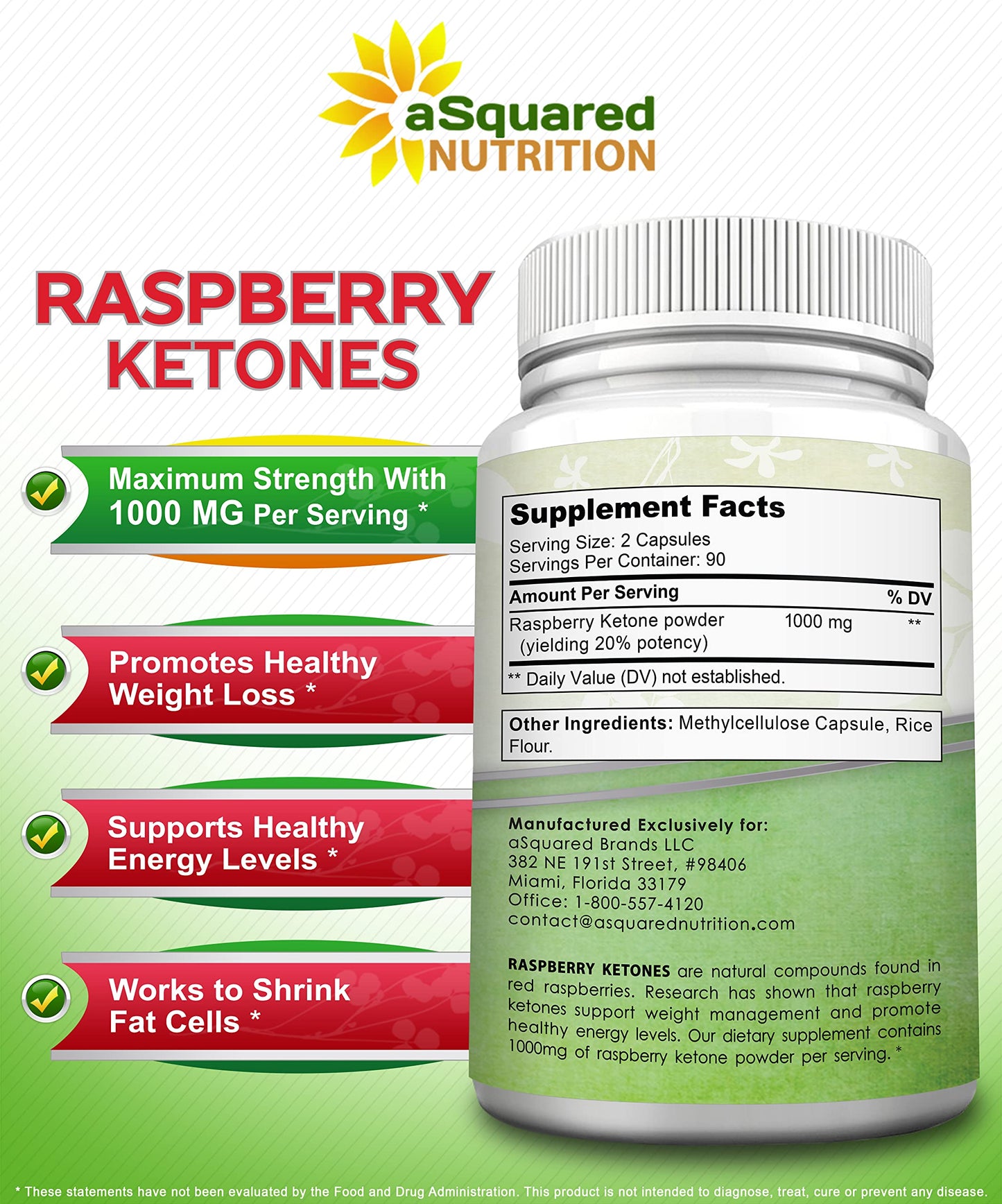 aSquared Nutrition Natural Raspberry Ketones 1000mg Capsules 180 Count