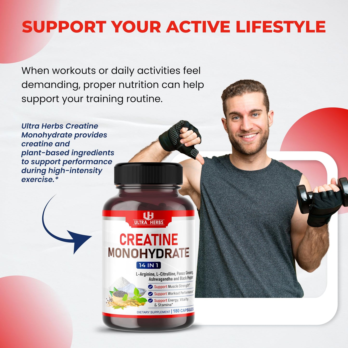 ULTRA HERBS Creatine Monohydrate Capsules, 180 Count