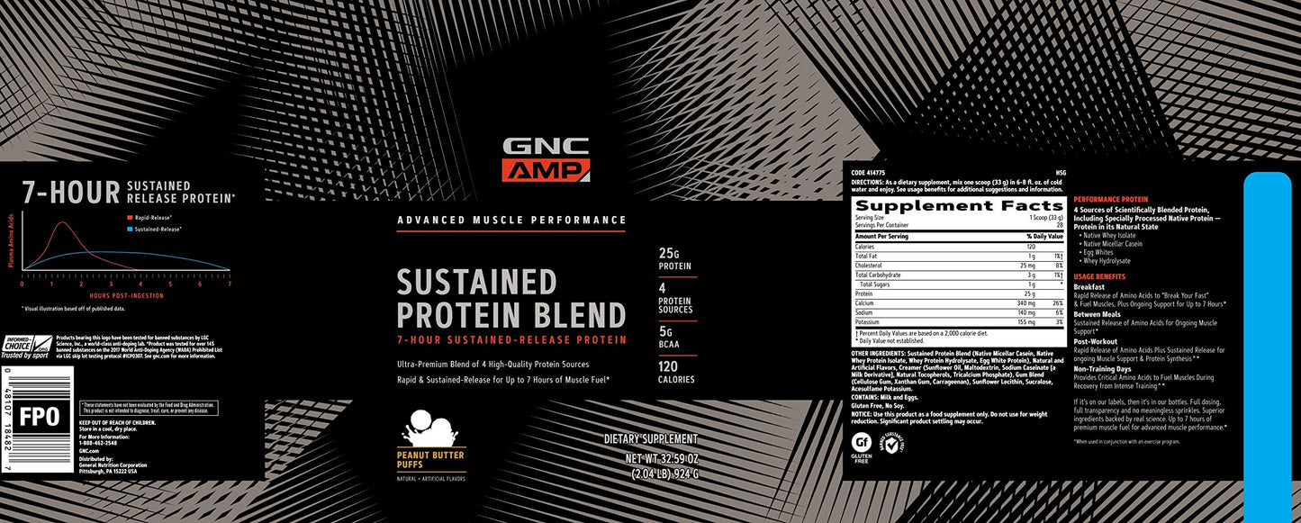 GNC AMP Sustained Protein Blend Cinnamon Toast Protein Powder, 28 Servings