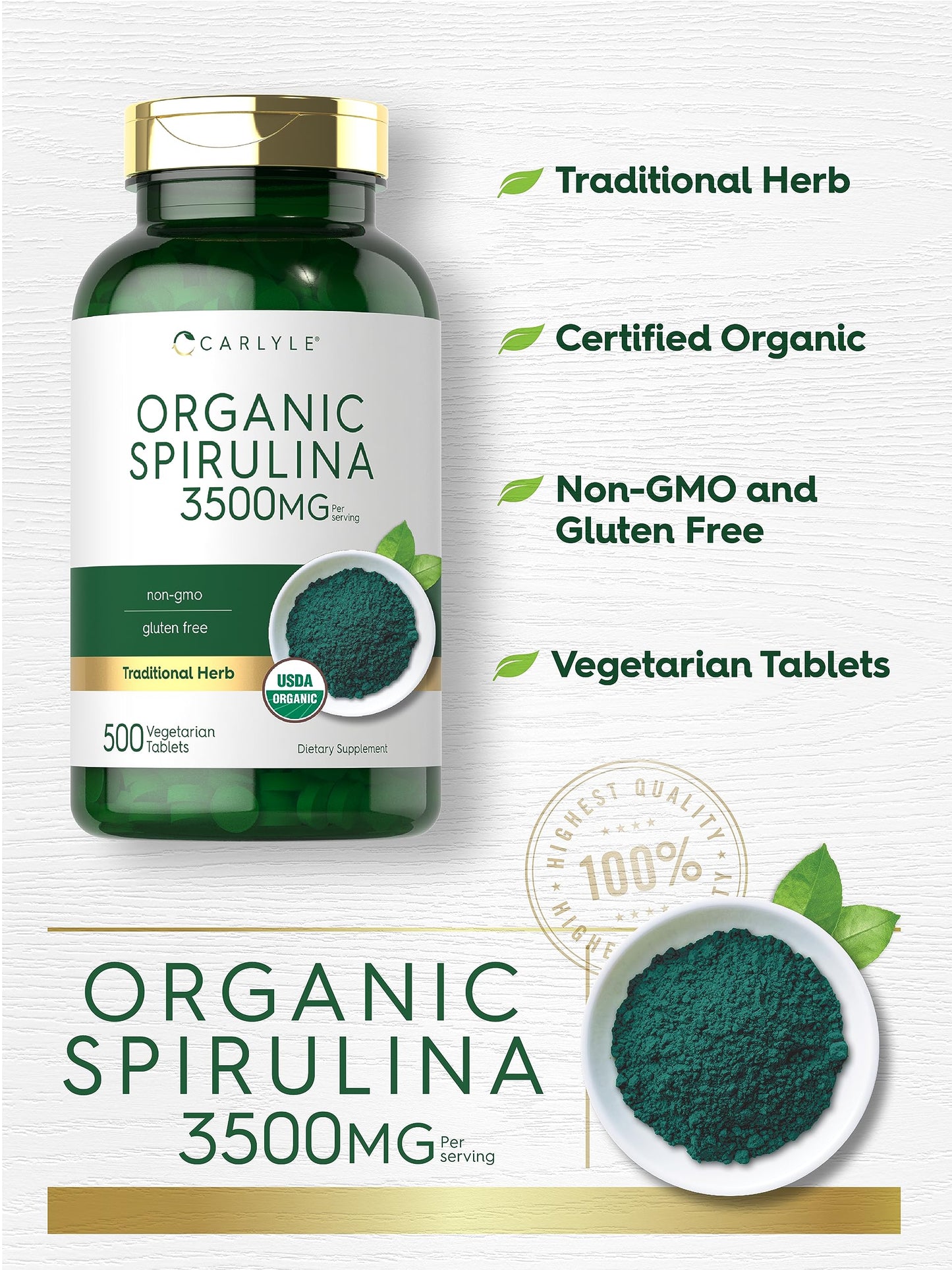 Carlyle Organic Spirulina Tablets 3500mg, 500 Tablets