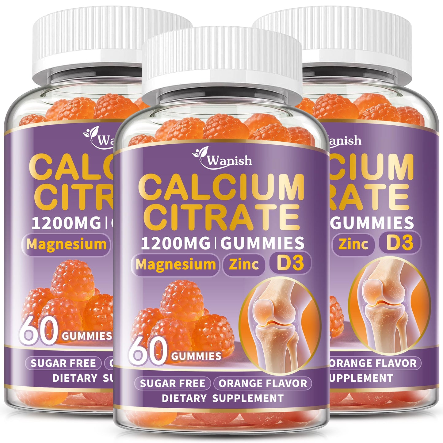 Wanish Calcium Citrate 1200 mg for Women, Calcium Magnesium Zinc Vitamin D3 Gummies, 180 Count