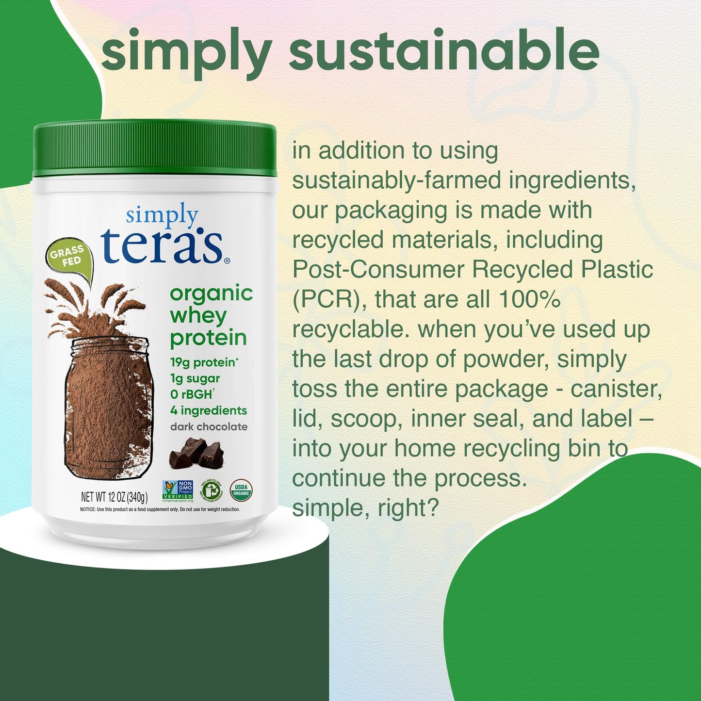 Simply Tera's Organic Whey Protein Powder Dark Chocolate, 12 oz