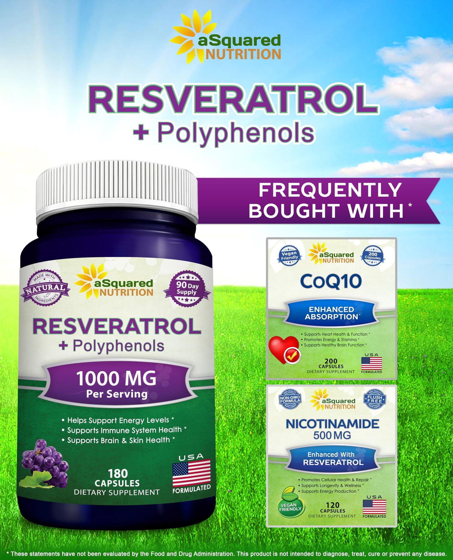 aSquared Nutrition Natural Resveratrol with Red Wine Extract Trans-Resveratrol Antioxidant Supplement Capsules, 180 Count