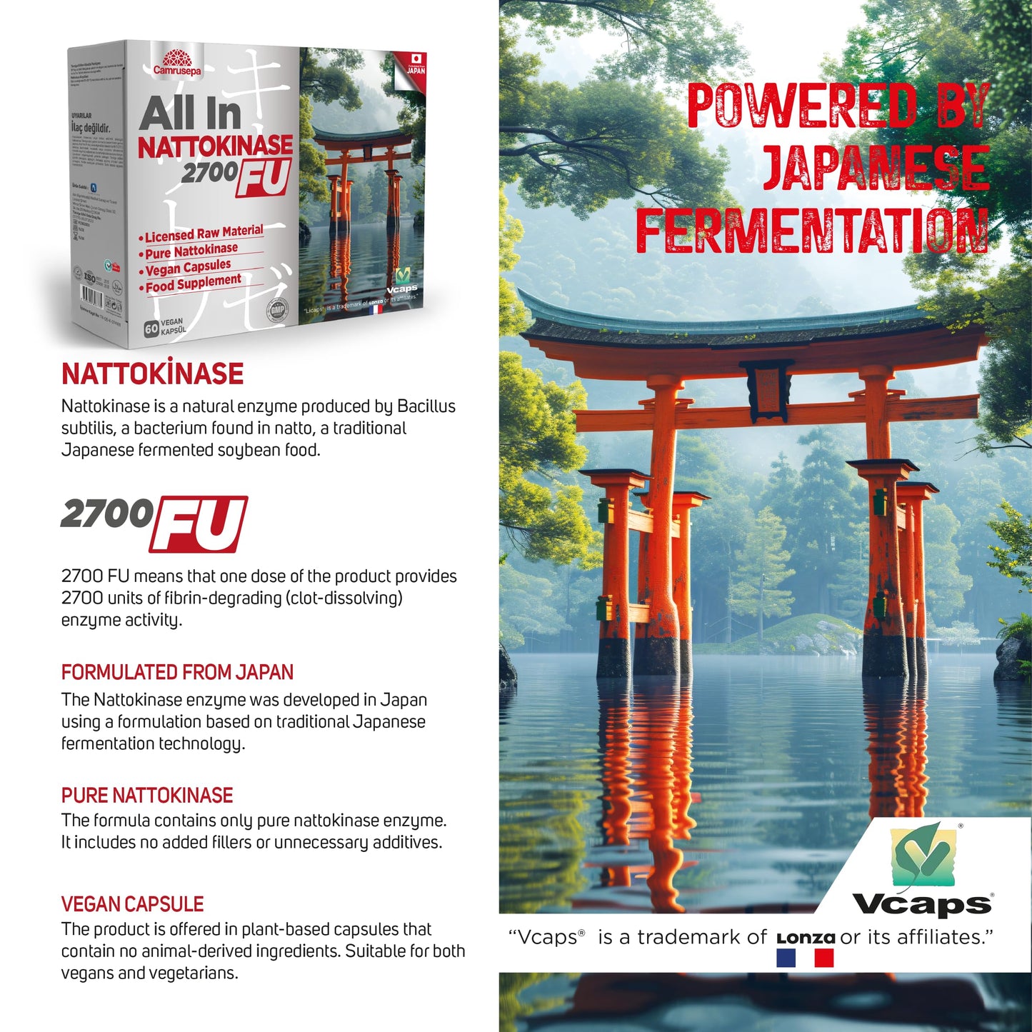 Camrusepa All in Nattokinase 2700 FU Enzyme Supplement for Circulation Support Capsule, 60 Count