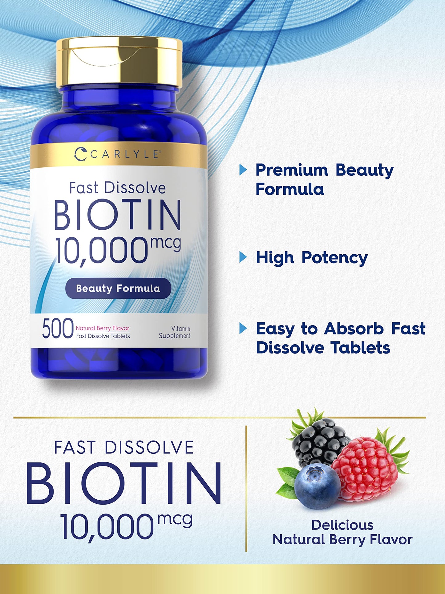 Carlyle Biotin 10,000 mcg Fast Dissolve Tablets, 500 Count
