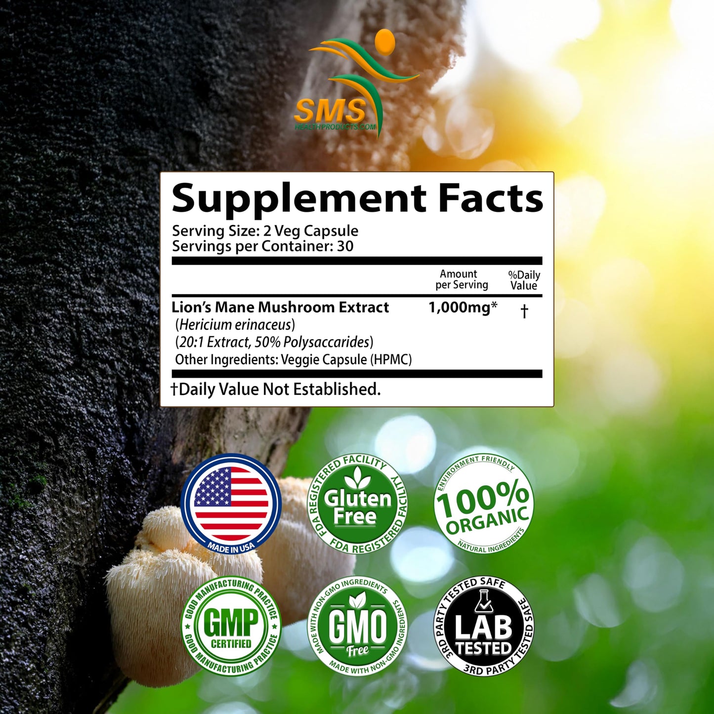 SMSHEALTHPRODUCTS.com Lion's Mane Mushroom Cognition Capsules, 60 Veggie Capsules