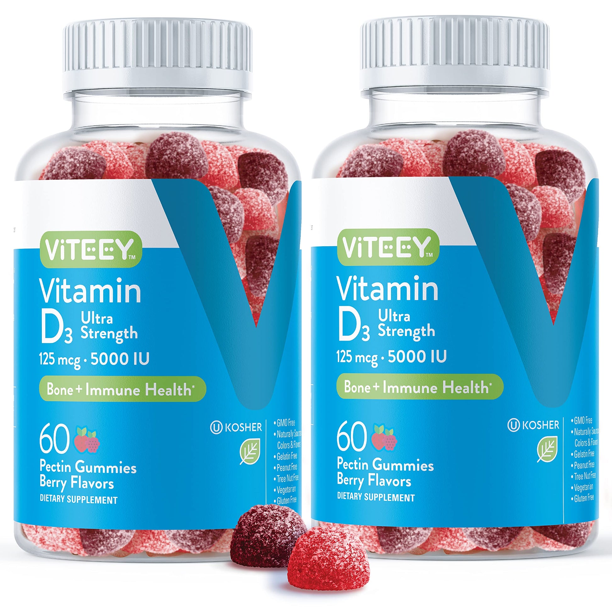 Viteey Vitamin D3 Gummies - 5,000 IU (125 mcg) Ultra Strength - Joint & Muscle Health, Immune Support - Vegetarian, Gelatin Free - Berry Flavored - 120 Gummies