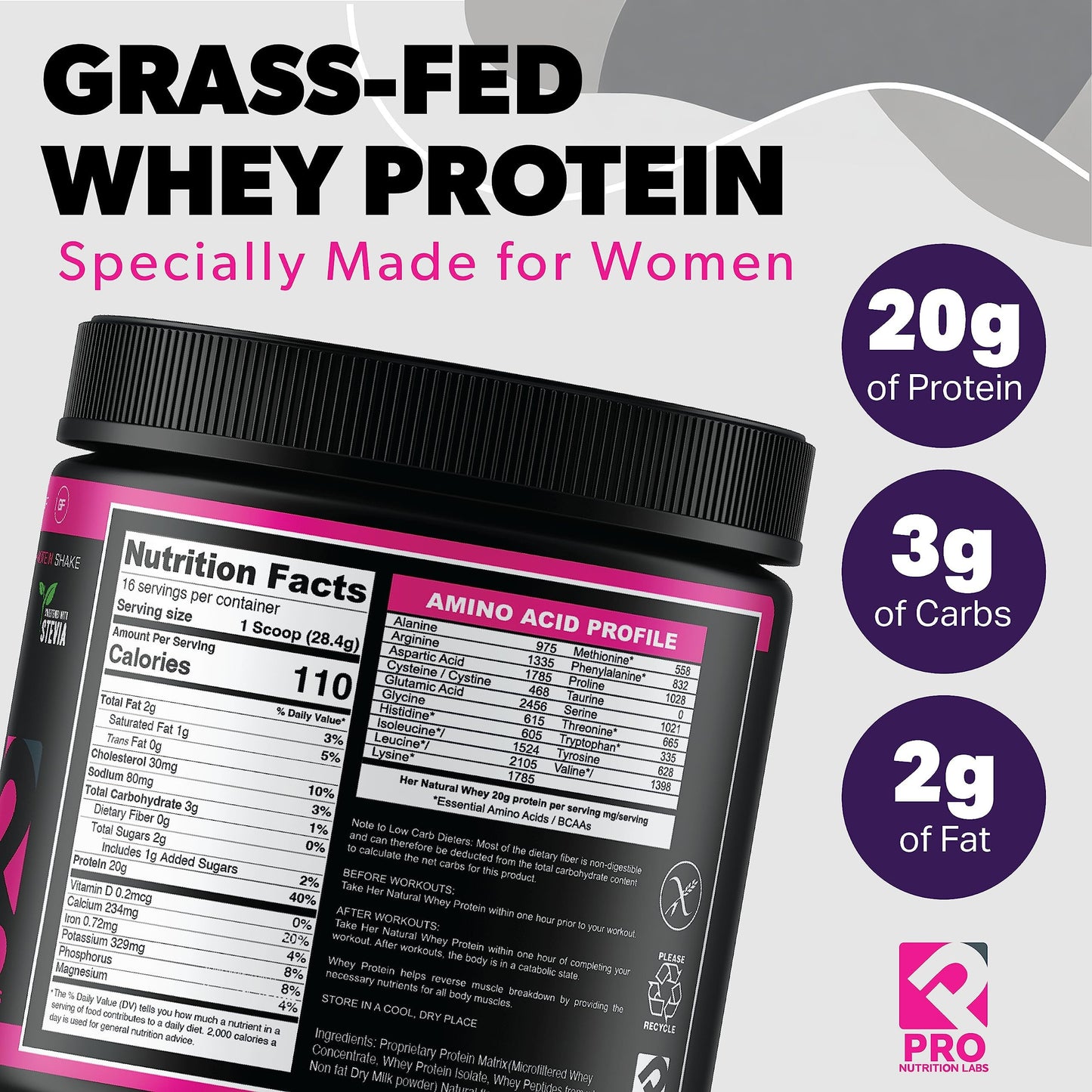 PRO NUTRITION LABS Her Natural Whey Protein Powder Creamy Vanilla, 16 Servings