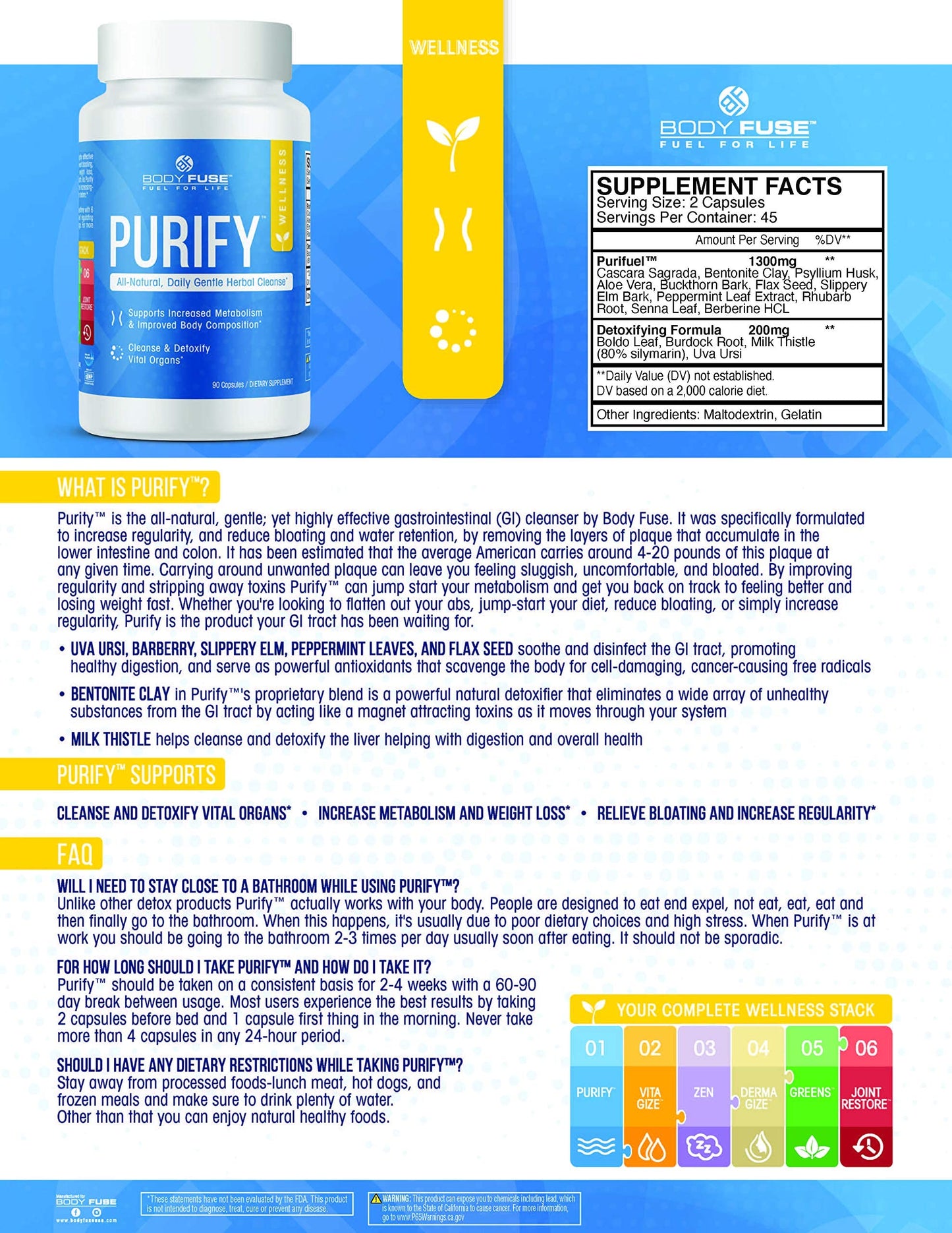 Body Fuse Purify All Natural Internal Organ GI Detox, 90 Capsules