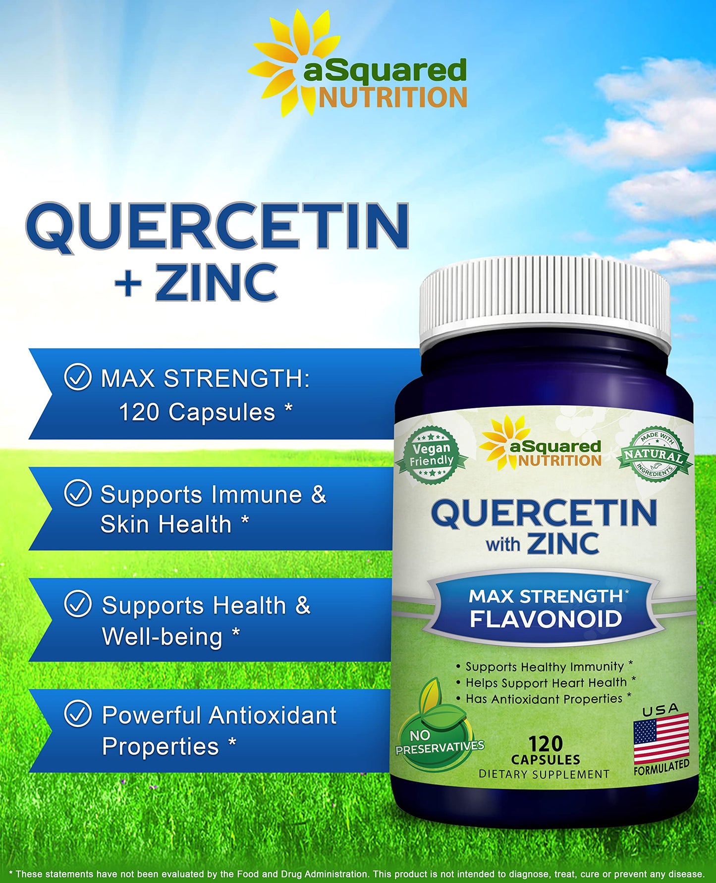 aSquared Nutrition Quercetin with Zinc Supplement - 1000mg Per Serving, 120 Capsules