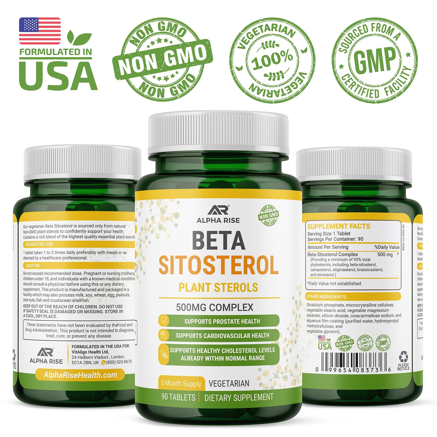 ALPHA RISE Beta Sitosterol 500mg Tablets, 90 Count