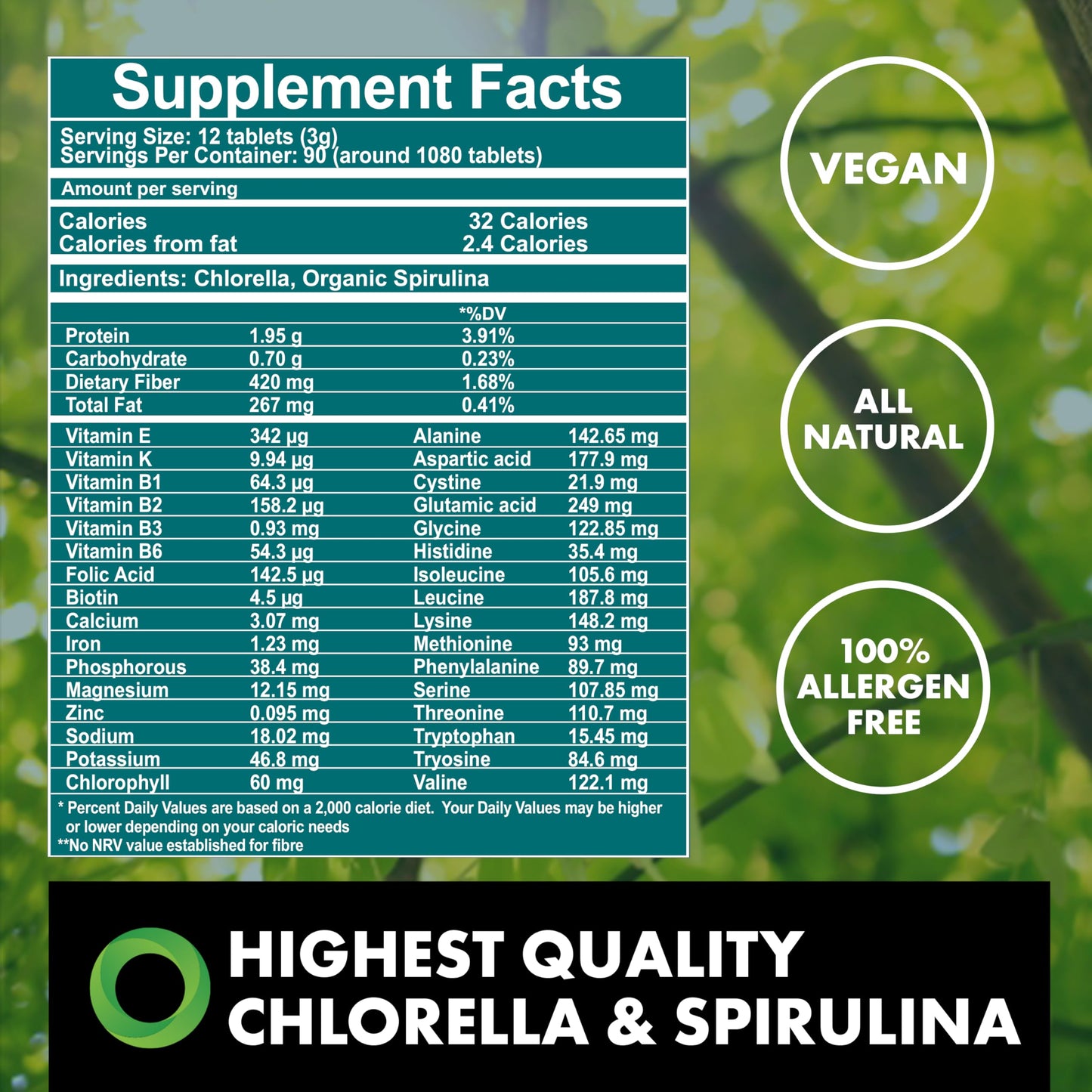 The Chlorella Company Fermented Chlorella & Spirulina Tablets, 1080 Tablets